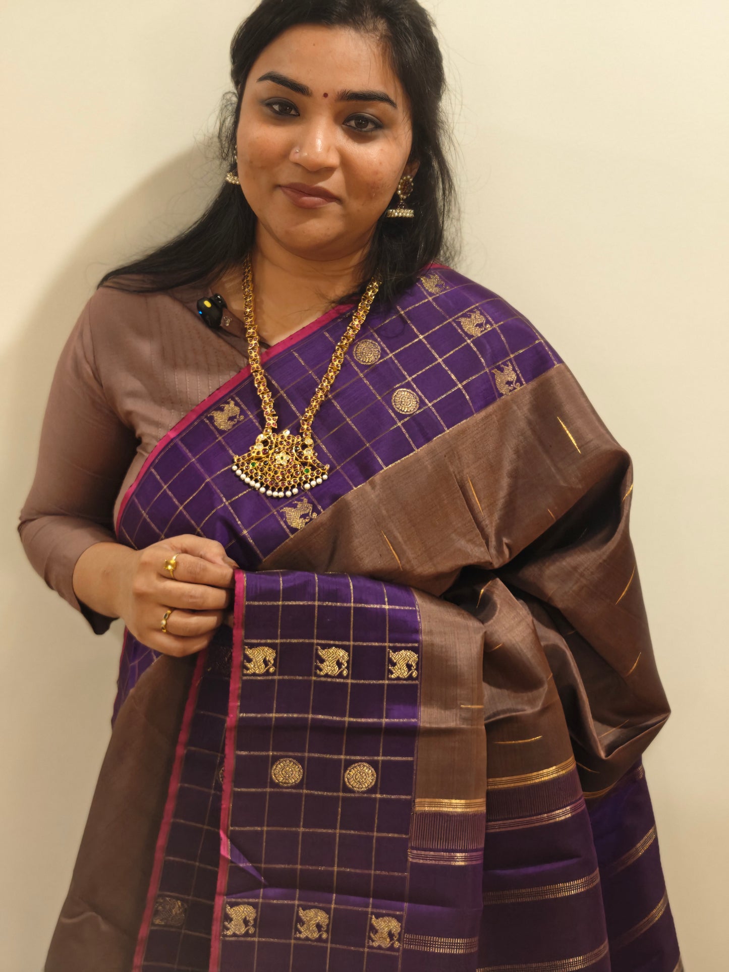 Brown and Violet kanjivaram silk saree