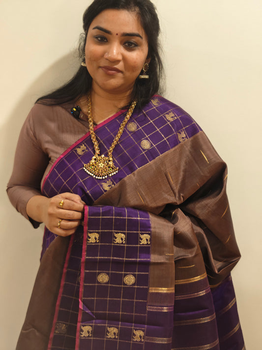 Brown and Violet kanjivaram silk saree