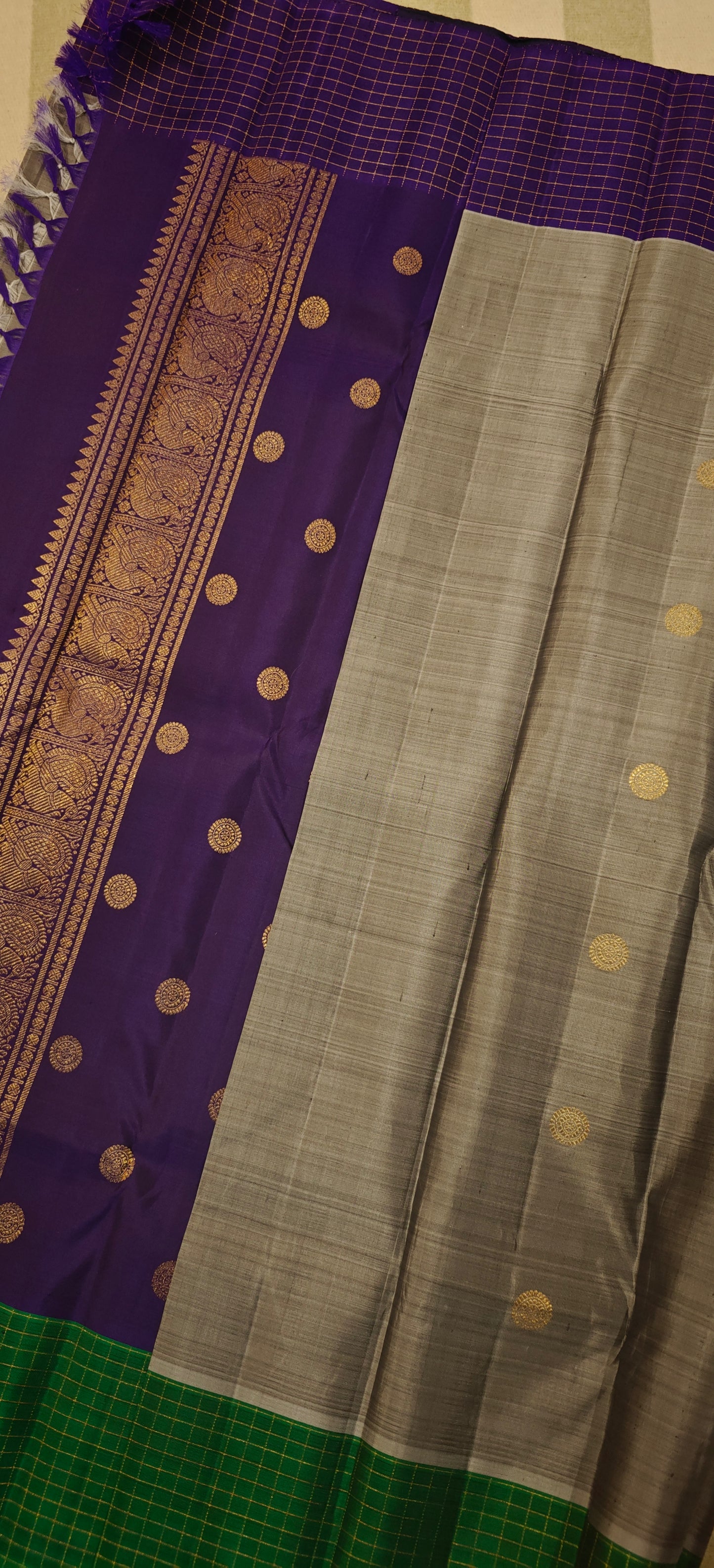 Grey body with green and violet Ganga Jamuna -Kanjivaram Silk Saree