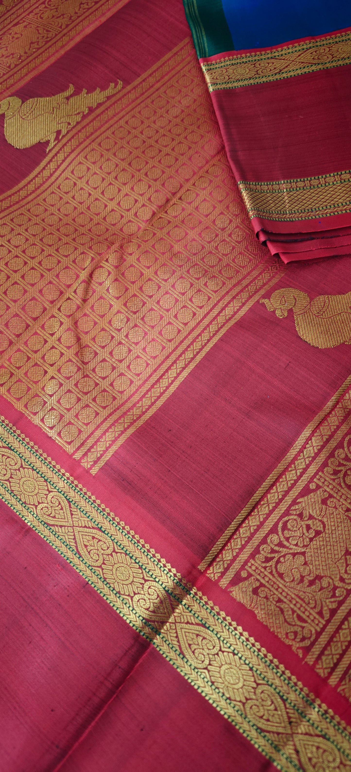 Peacock blue and maroon kanjivaram silk saree
