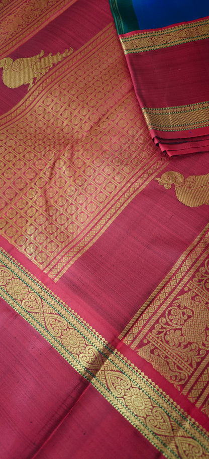 Peacock blue and maroon kanjivaram silk saree