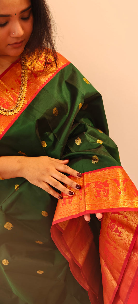 Green and Red -Handwoven Kanjivaram Sari