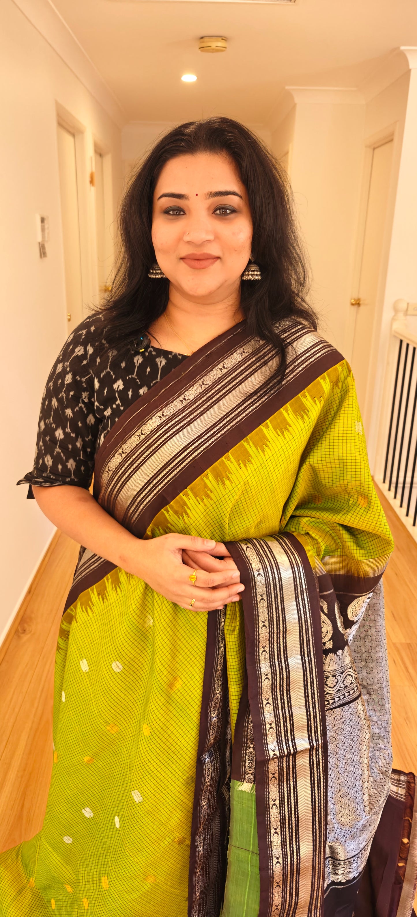 Parrot Green and Coffee Brown-Handwoven Gadwal Silk Sari