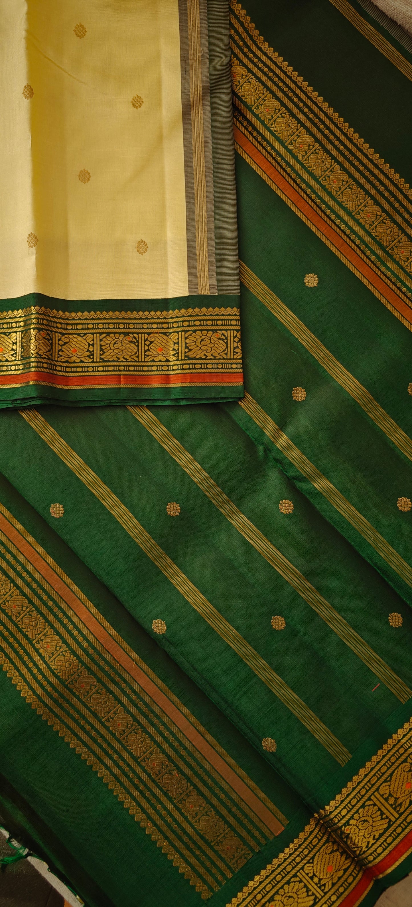 Cream and green kanjivaram silk saree