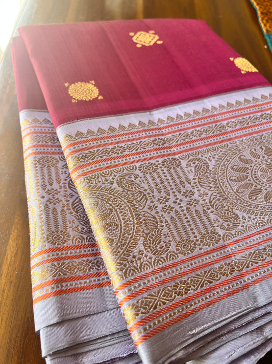 Berry Pink and Lilac Grey-Kanjivaram Silk Saree