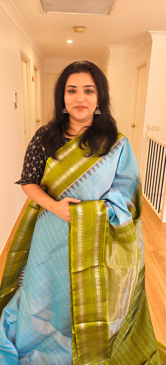 Sky Blue and Leaf Green Gadwal Silk Saree