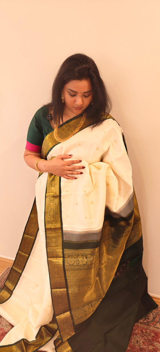 Cream and White -Korvai Kanjivaram Silk Sari