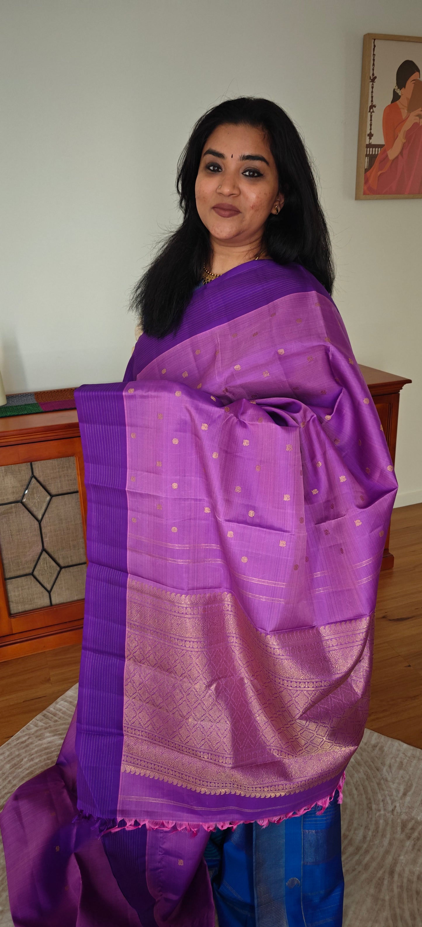 Lavender and Rose Pink Double Shade Handwoven Kanjivaram Silk Sari