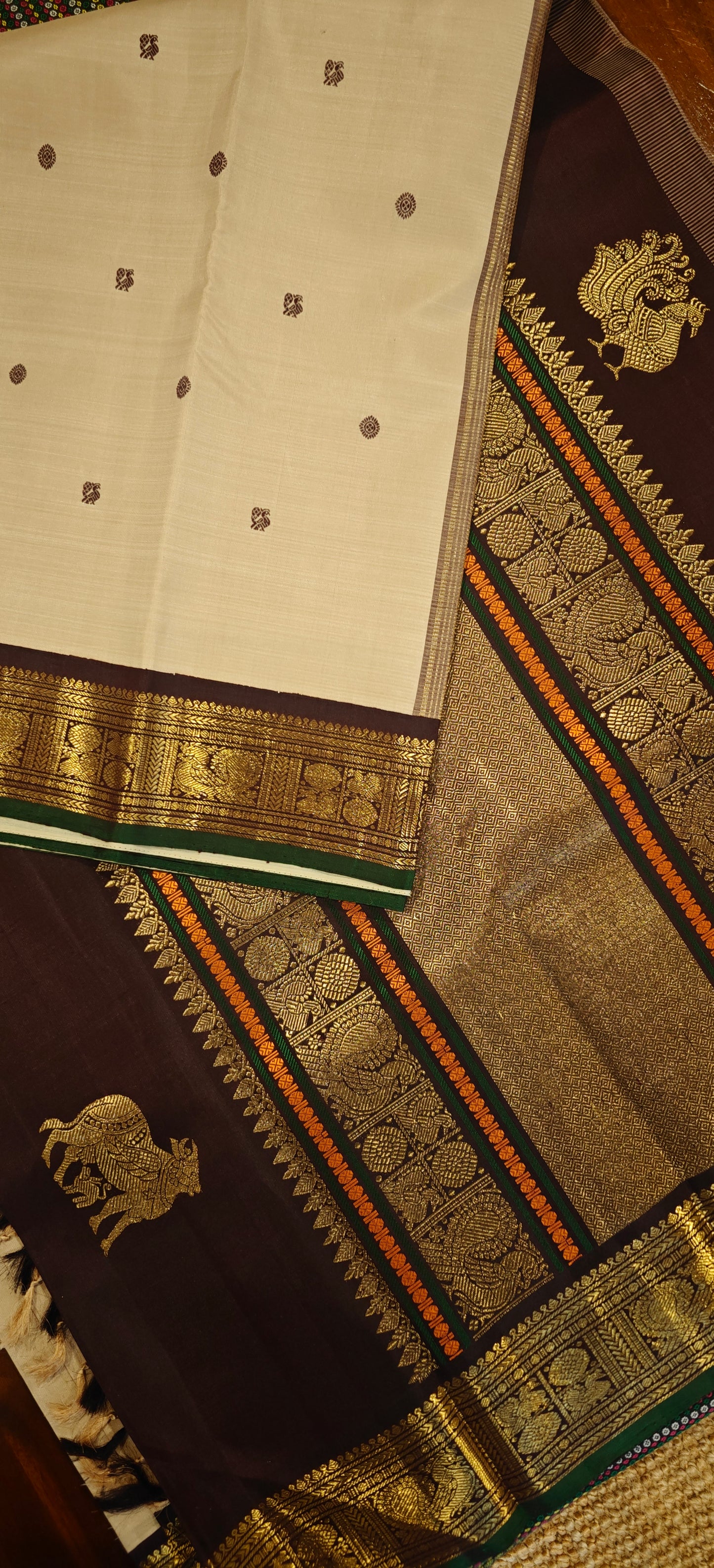 Pre-Order - Cream and Coffee Korvai Kanjivaram Silk Sari (50 % payment)
