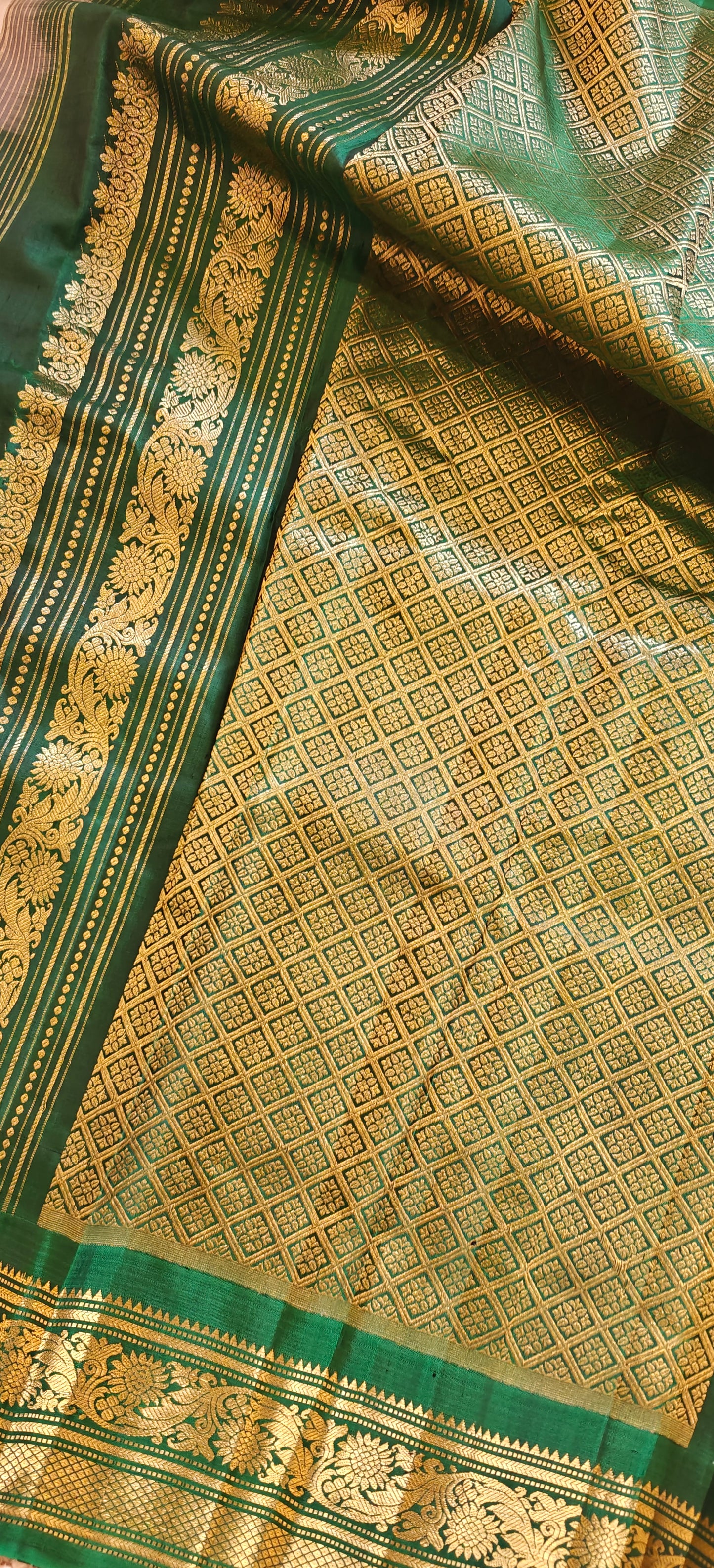 White and Green Handwoven Gadwal Silk Sari