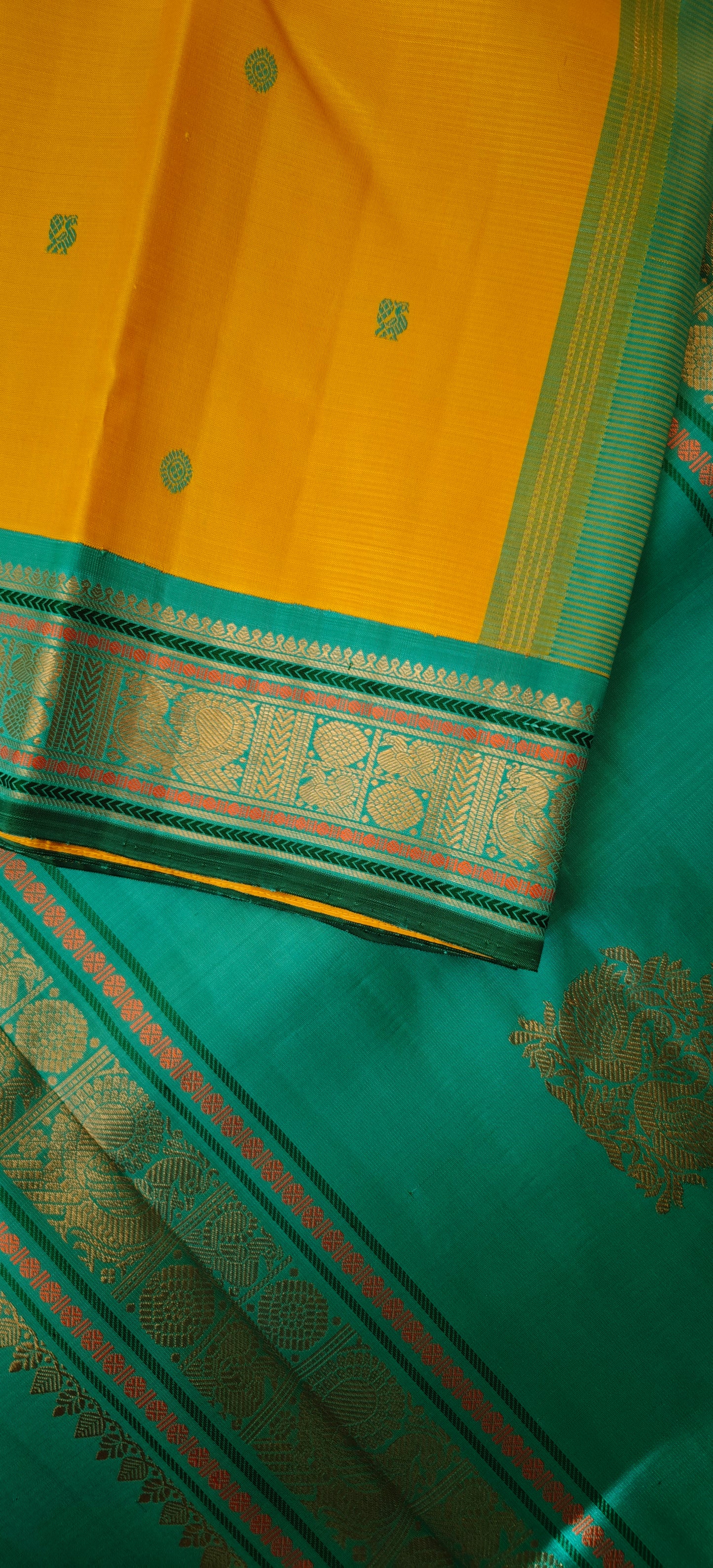 Yellow and Teal blue kanjivaram silk saree