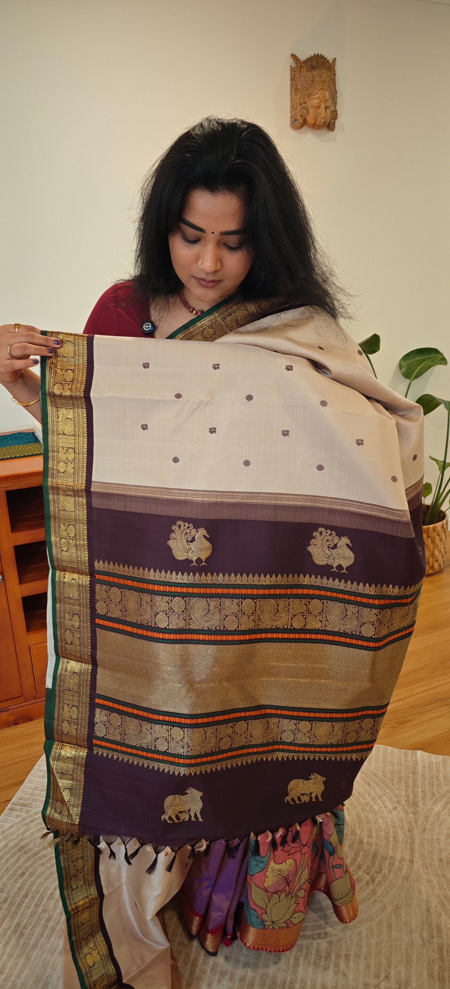Pre-Order - Cream and Coffee Korvai Kanjivaram Silk Sari (50 % payment)