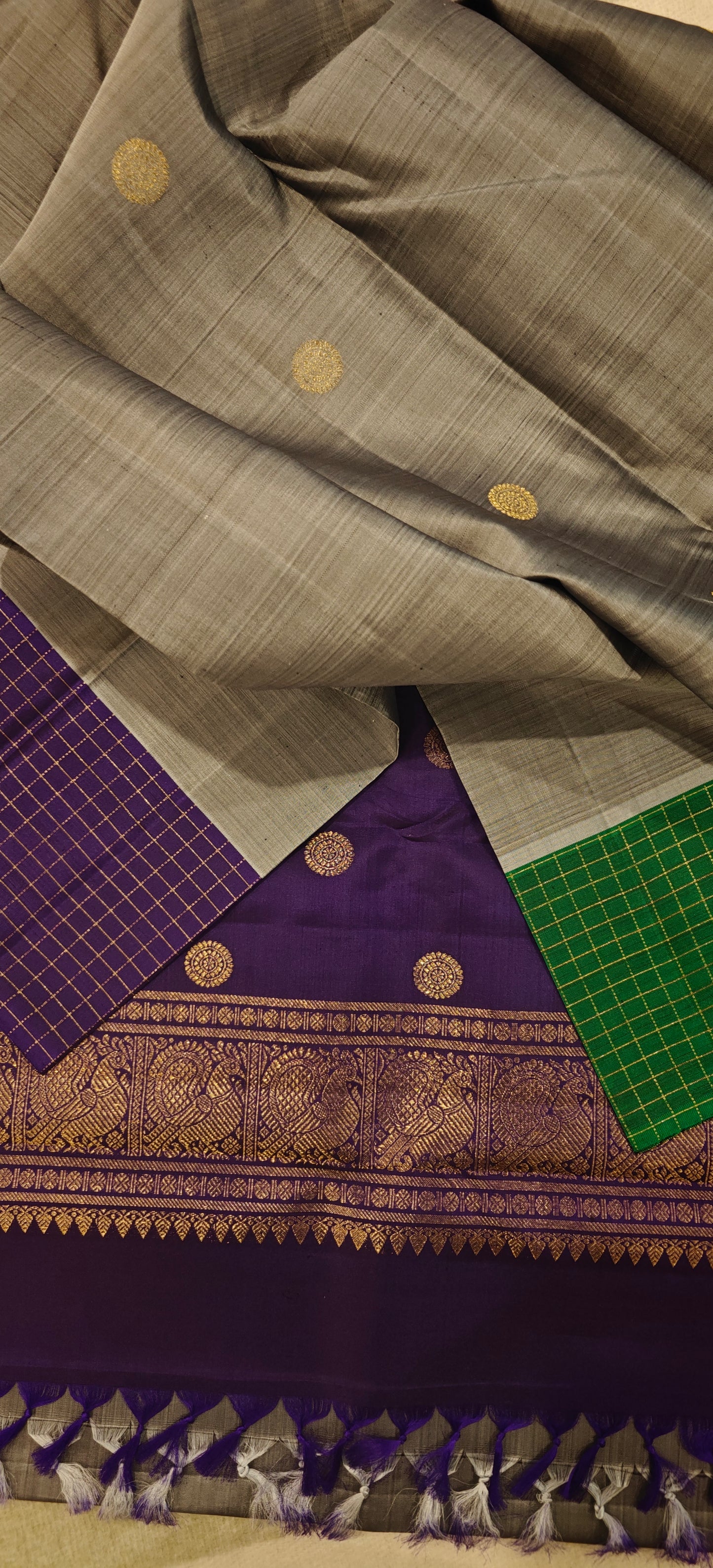Grey body with green and violet Ganga Jamuna -Kanjivaram Silk Saree