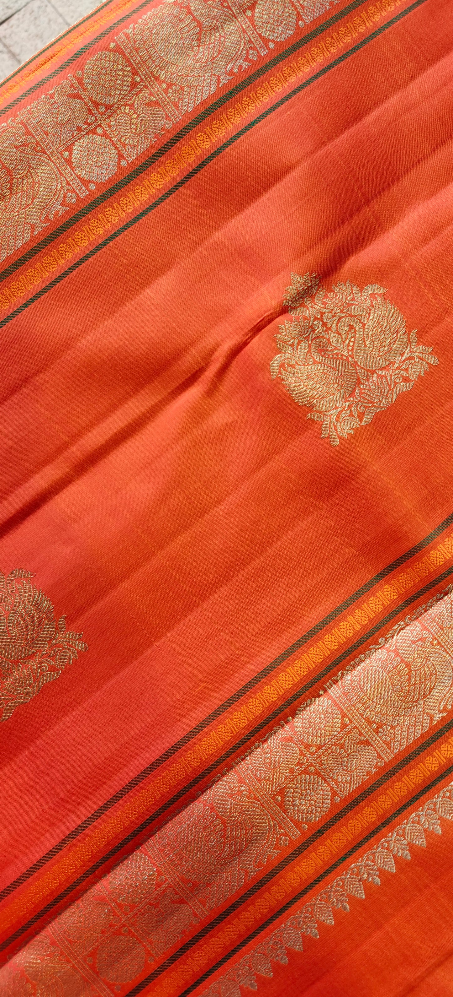Cream and Orange kanjivaram silk saree