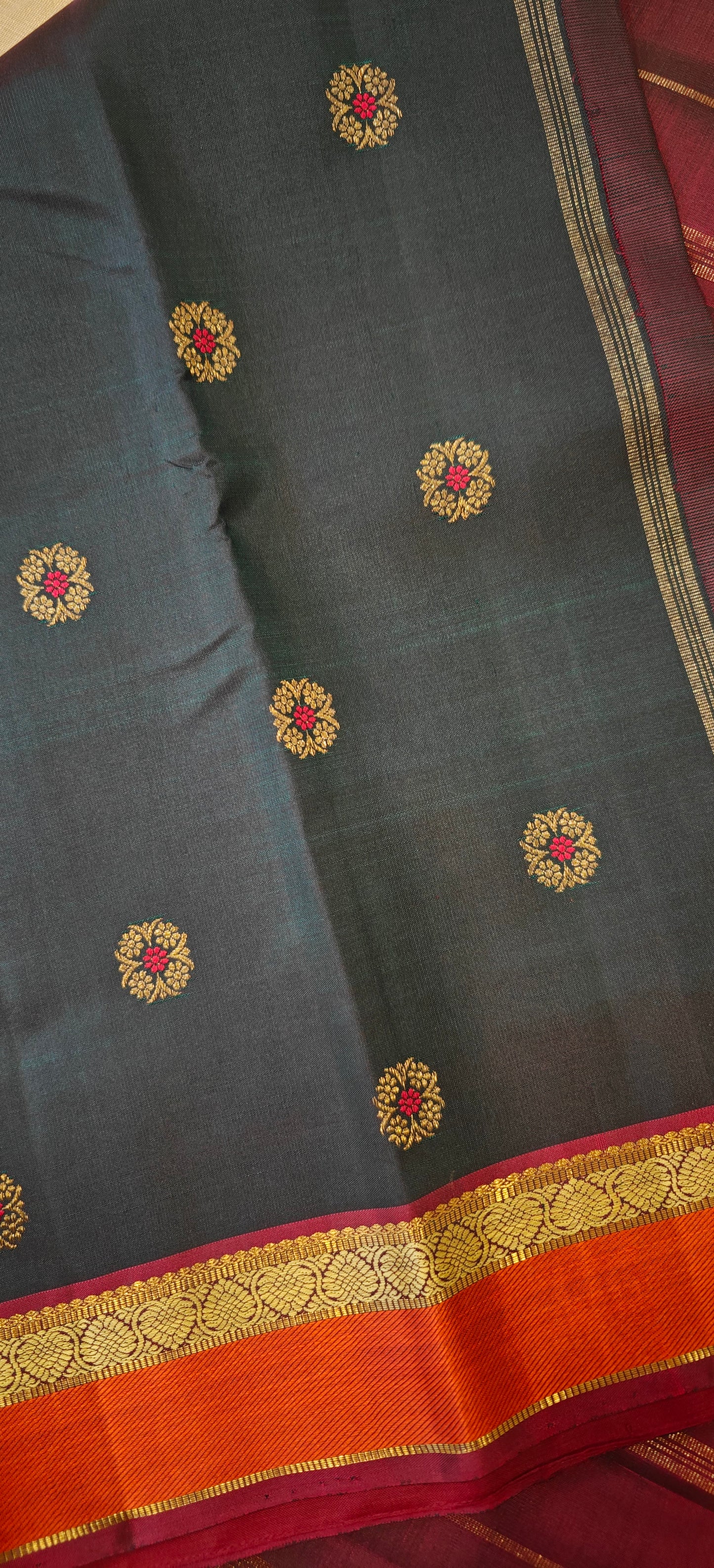 Deep Green a Maroon Meenakari Handwoven Kanjivaram