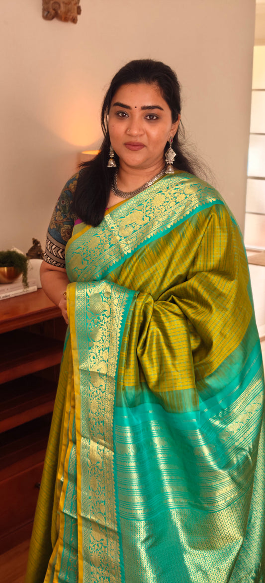 Parrot Green and Turquoise Blue Gadwal Silk Sari