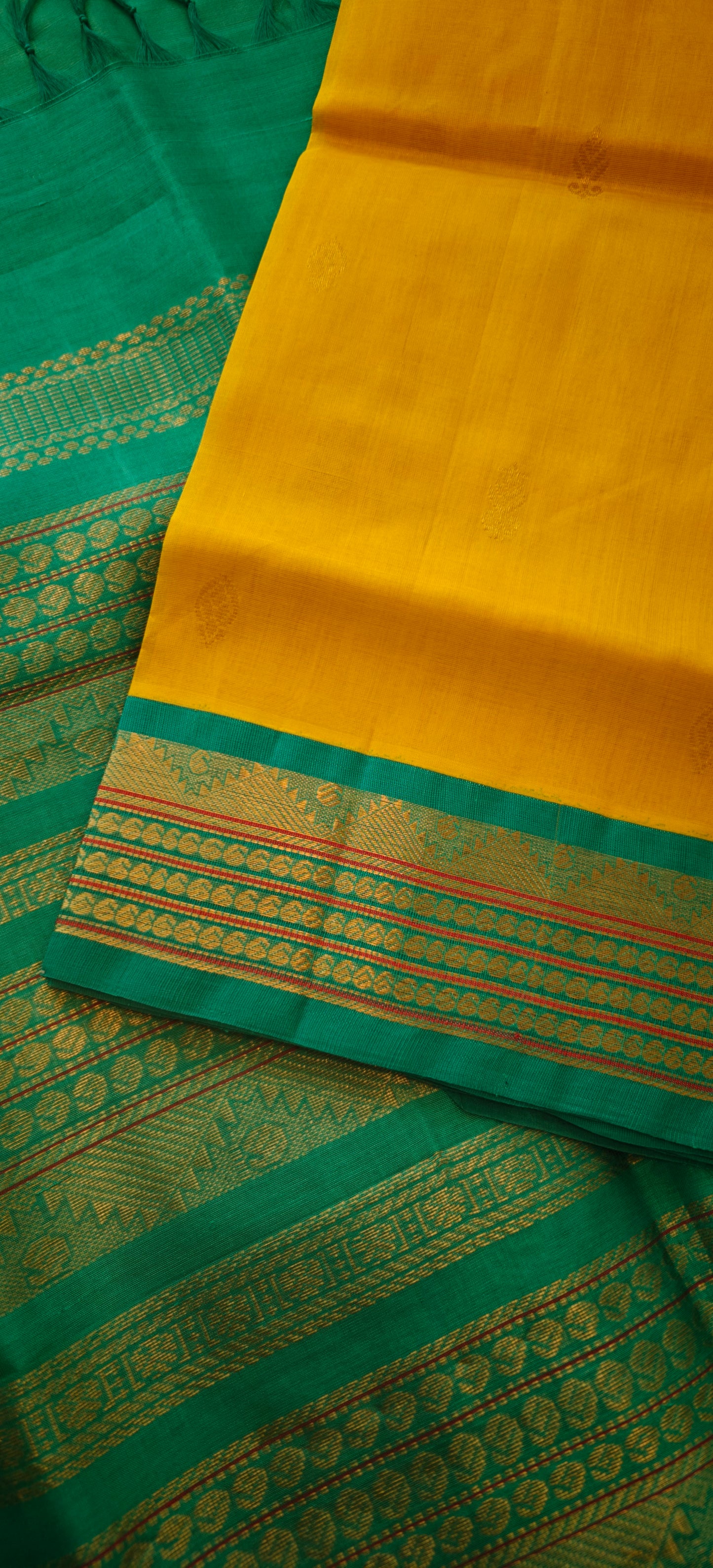 Lemon yellow and teal blue Kanjivaram silk cotton