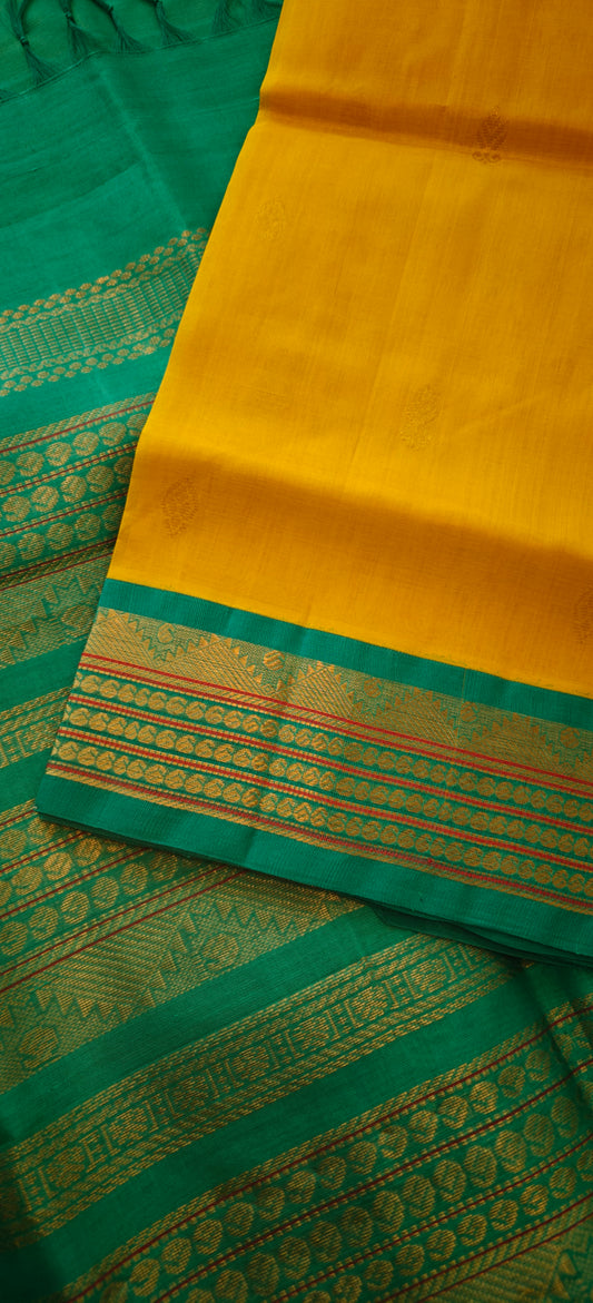Lemon yellow and teal blue Kanjivaram silk cotton
