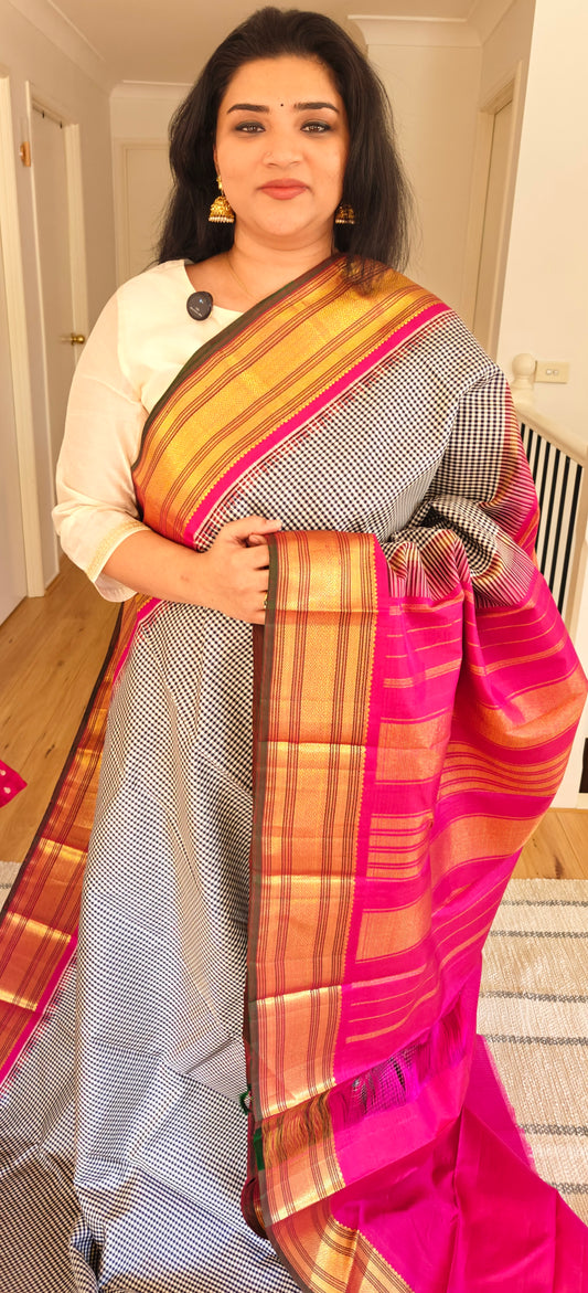 Dark blue and white micro check  with pink-Kanjivaram Silk Saree