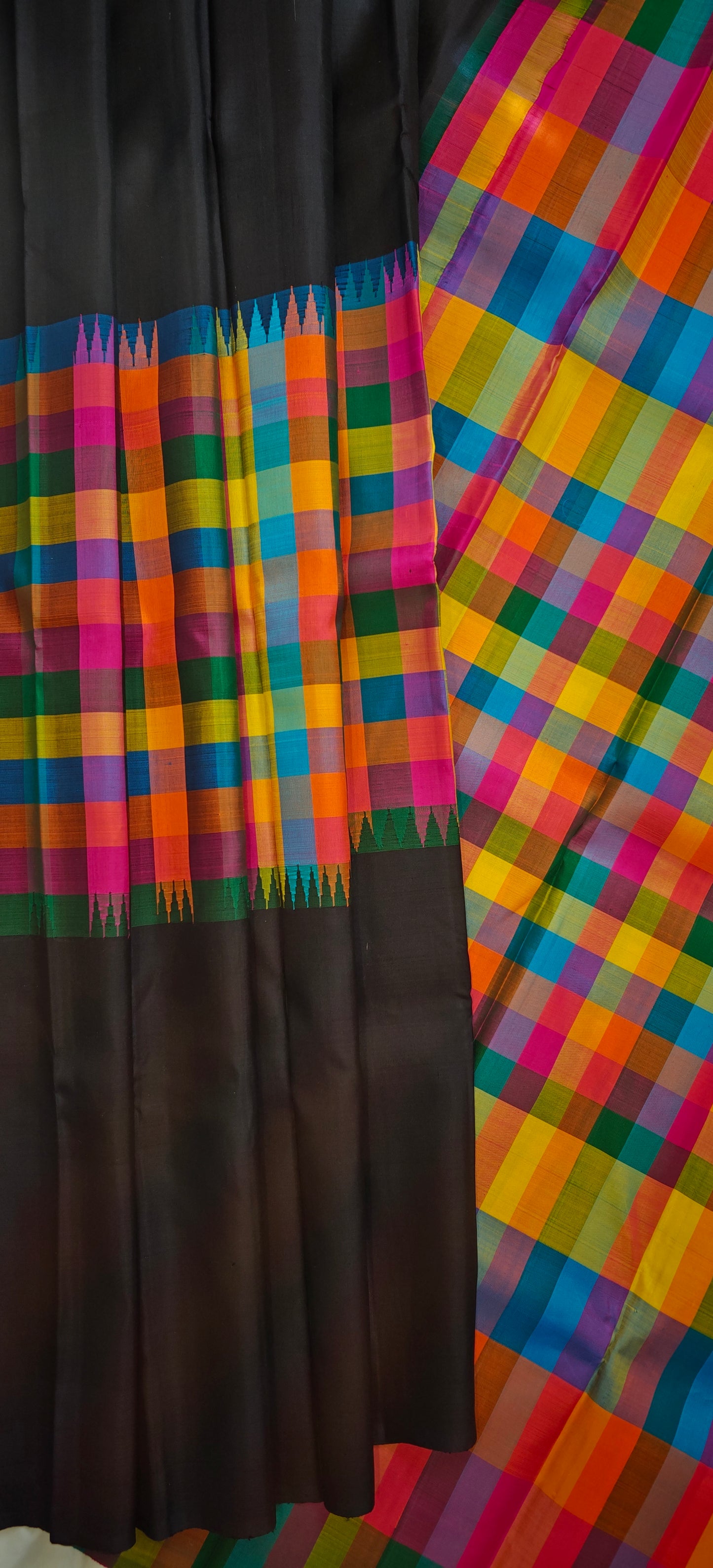 Black and multi colour checks kanjivaram silk saree