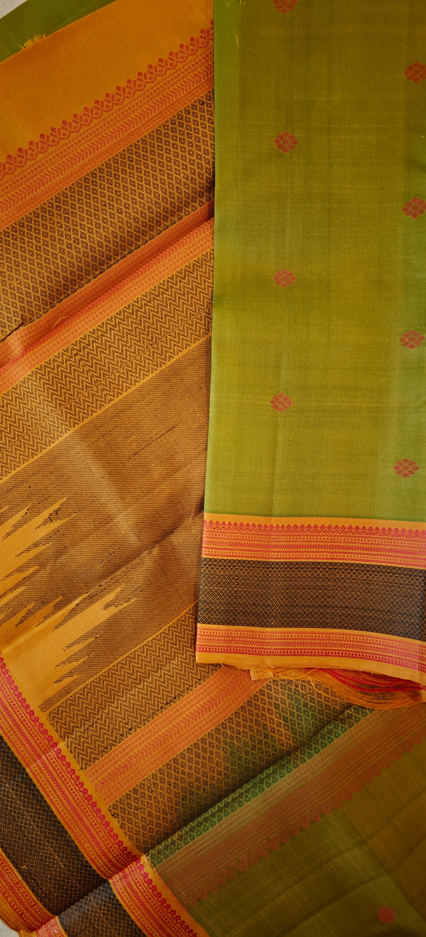 Leaf Green with Yellow & Orange kanjivaram silk saree