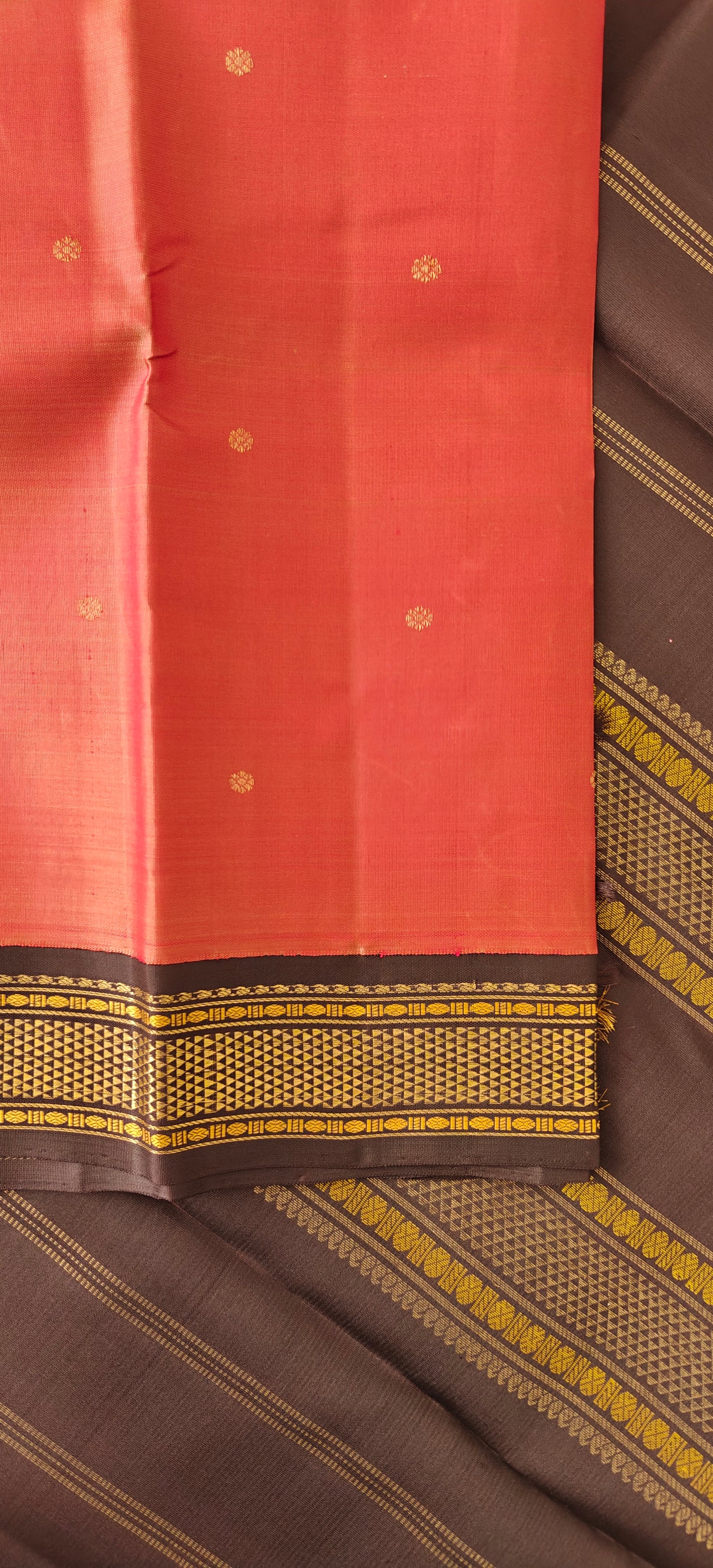 Coral Peach and Dark Brown Kanjivaram Saree | 3-gram Zari