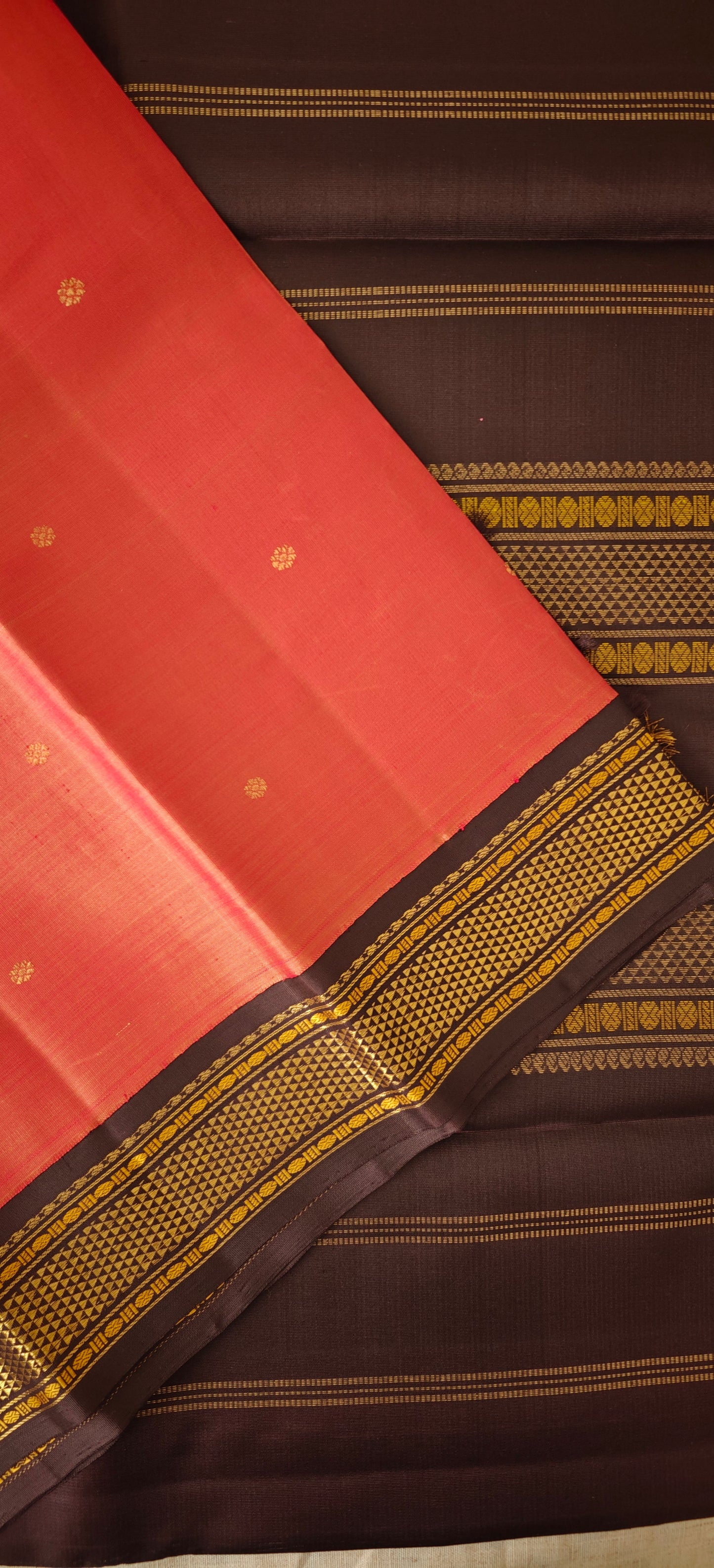 Coral Peach and Dark Brown Kanjivaram Saree | 3-gram Zari