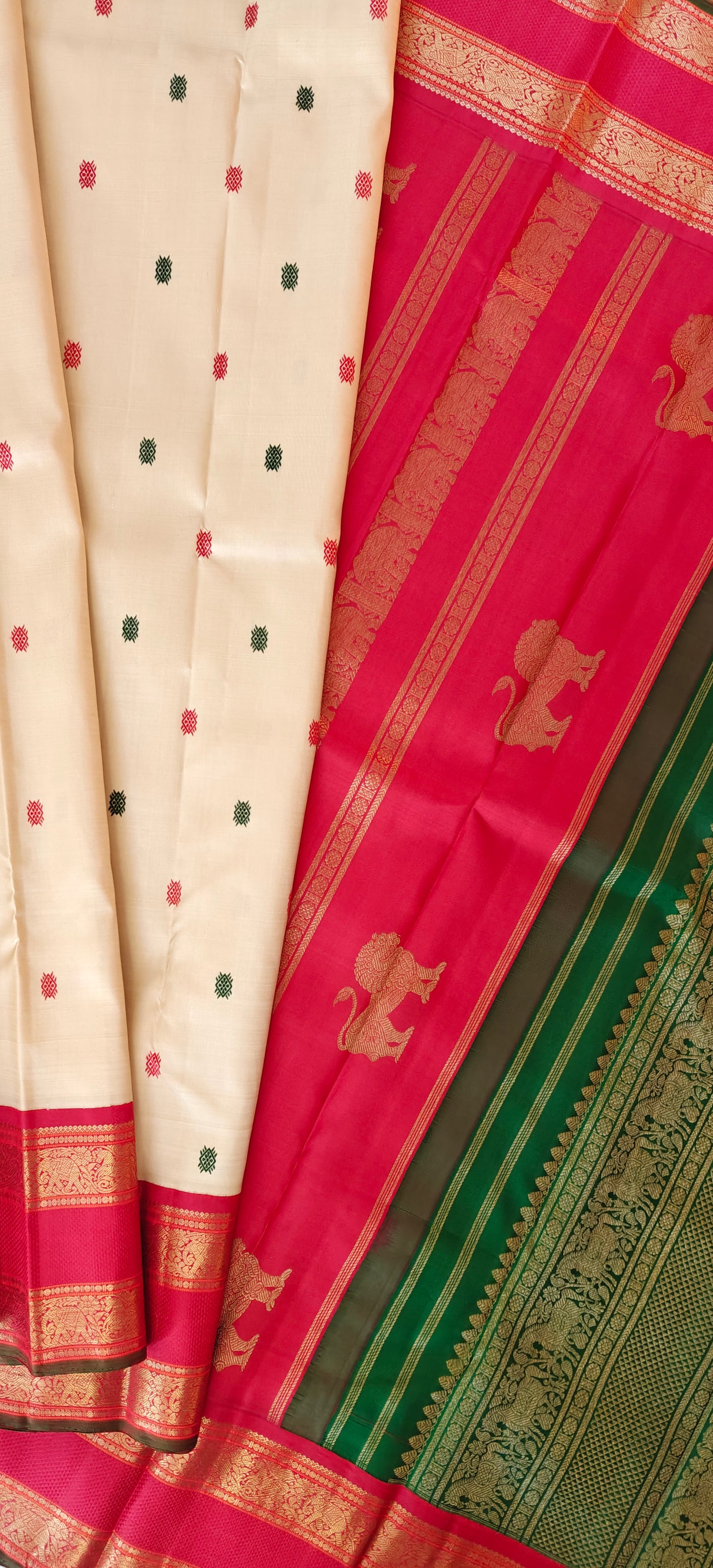 Cream with green and red kanjivaram silk saree