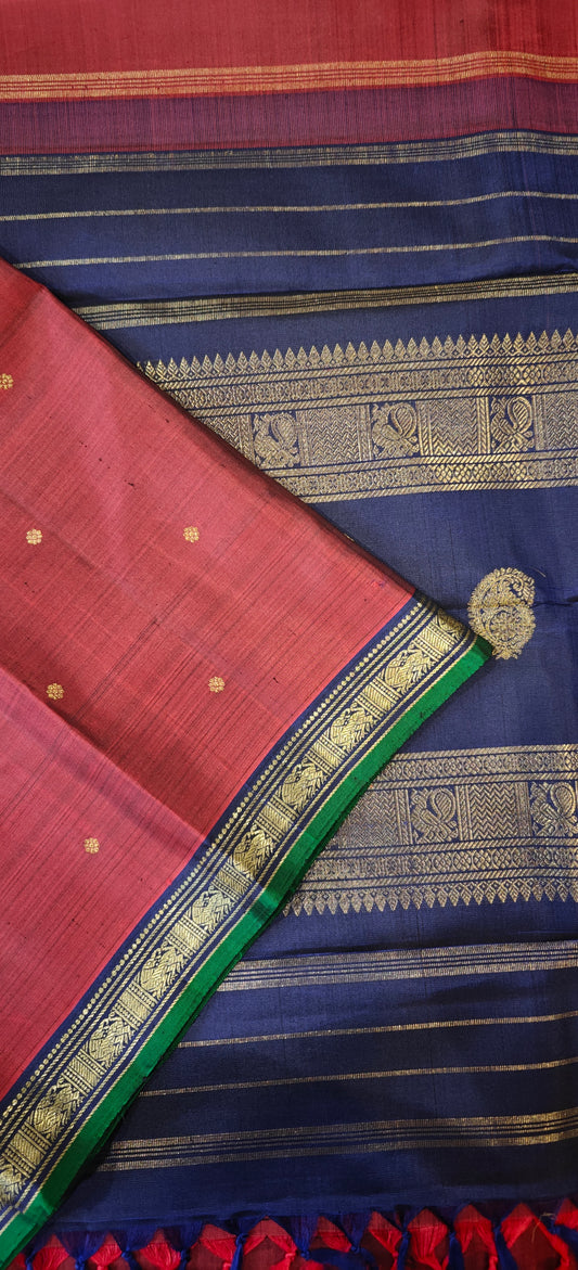 Ruby Maroon and Sapphire Blue Handwoven Kanjivaram Silk Sari