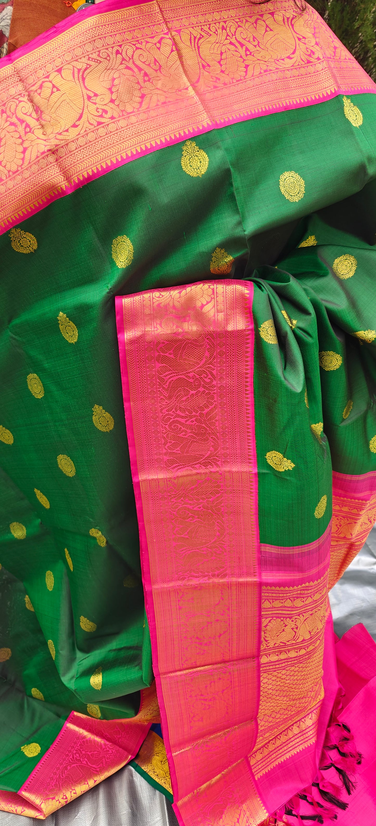 Emerald Green and Rose Pink korvai -Kanjivaram Silk Saree