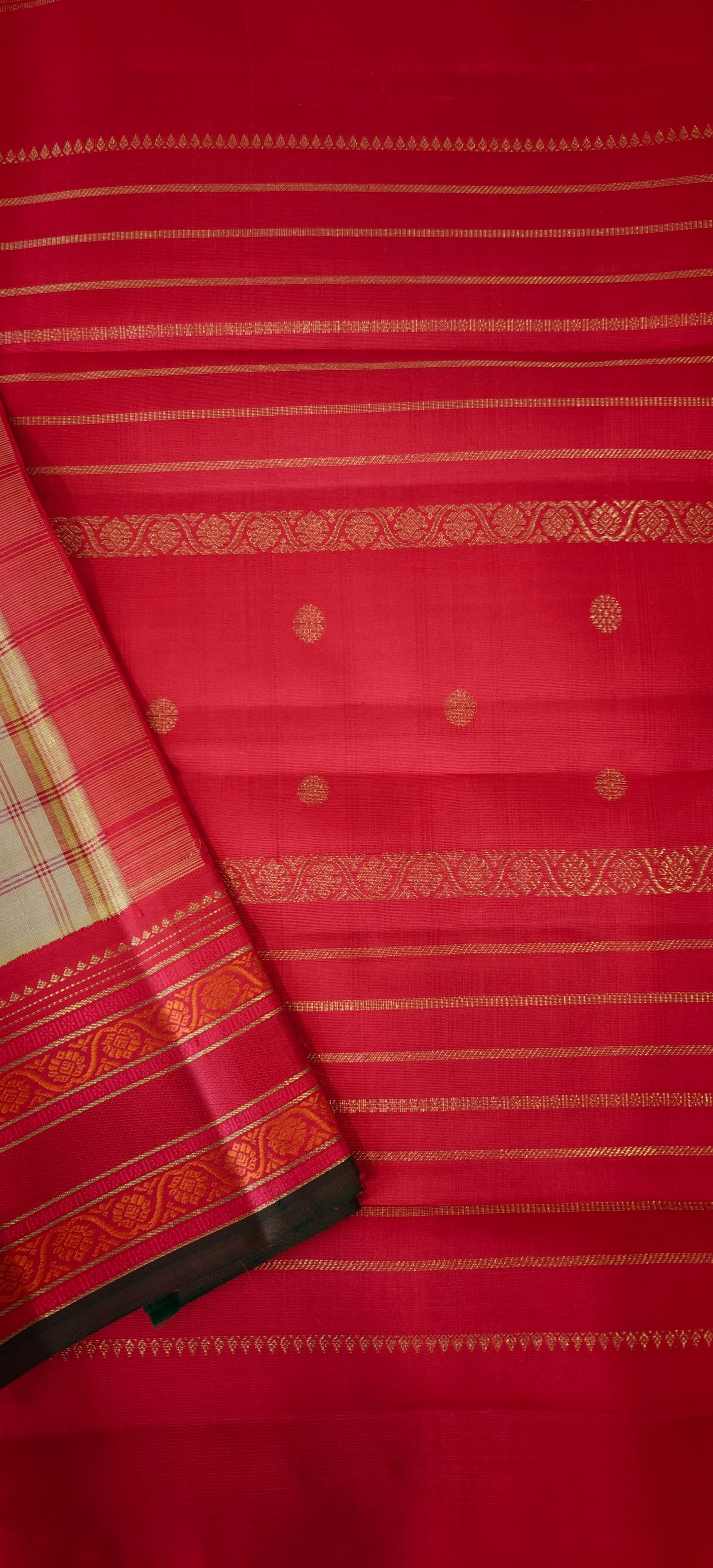 Beige and Red kanjivaram silk saree