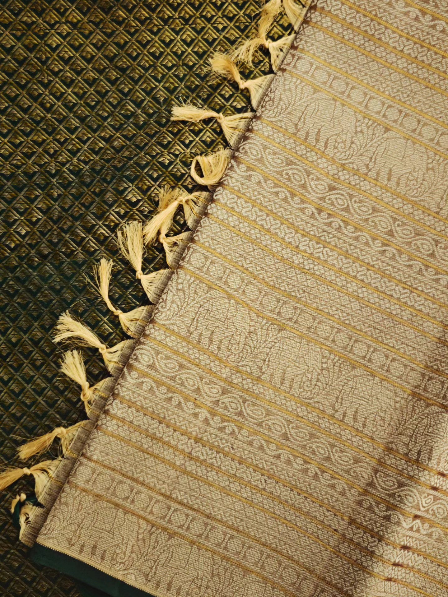 Thread work Kanjivaram silk saree with beige body and green pallu