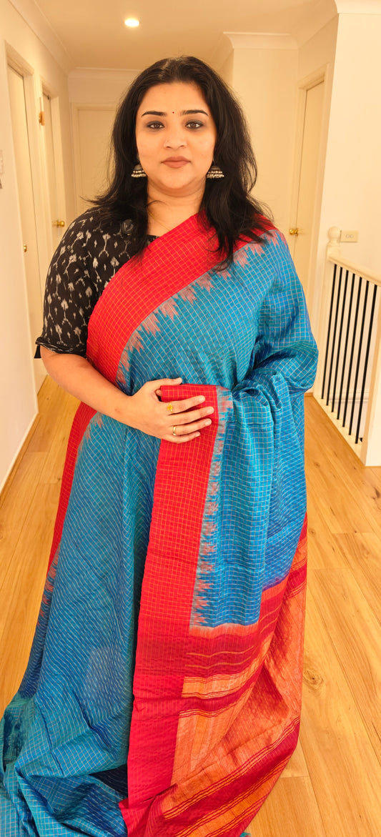 Blue and Red zari checks Gadwal Silk Saree
