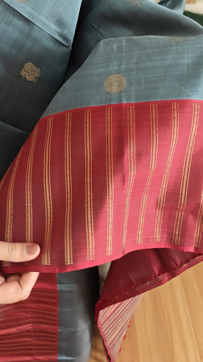 Grey and Maroon Kanjivaram silk saree