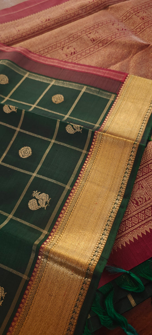 Bottle green and maroon kanjivaram silk saree
