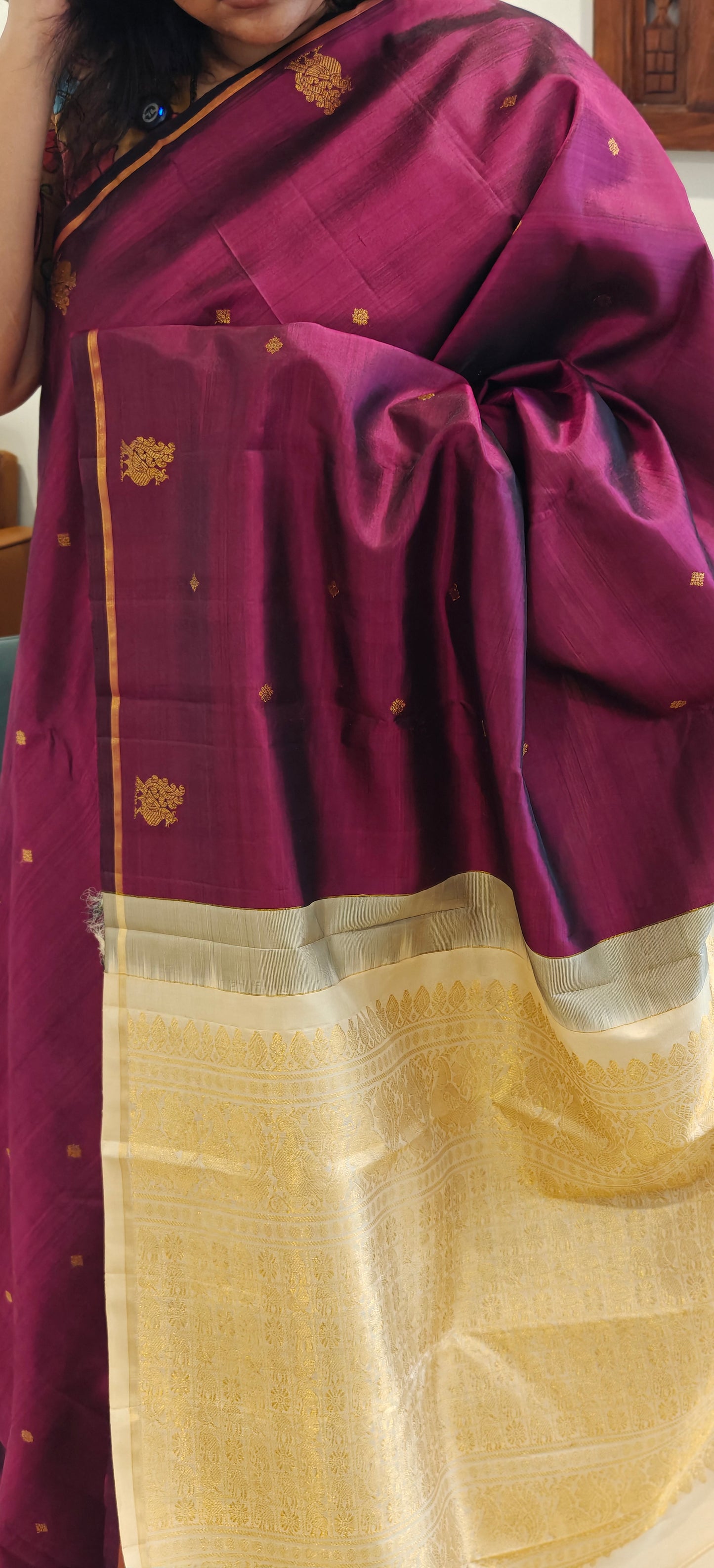 Wine and Cream kanjivaram silk sari