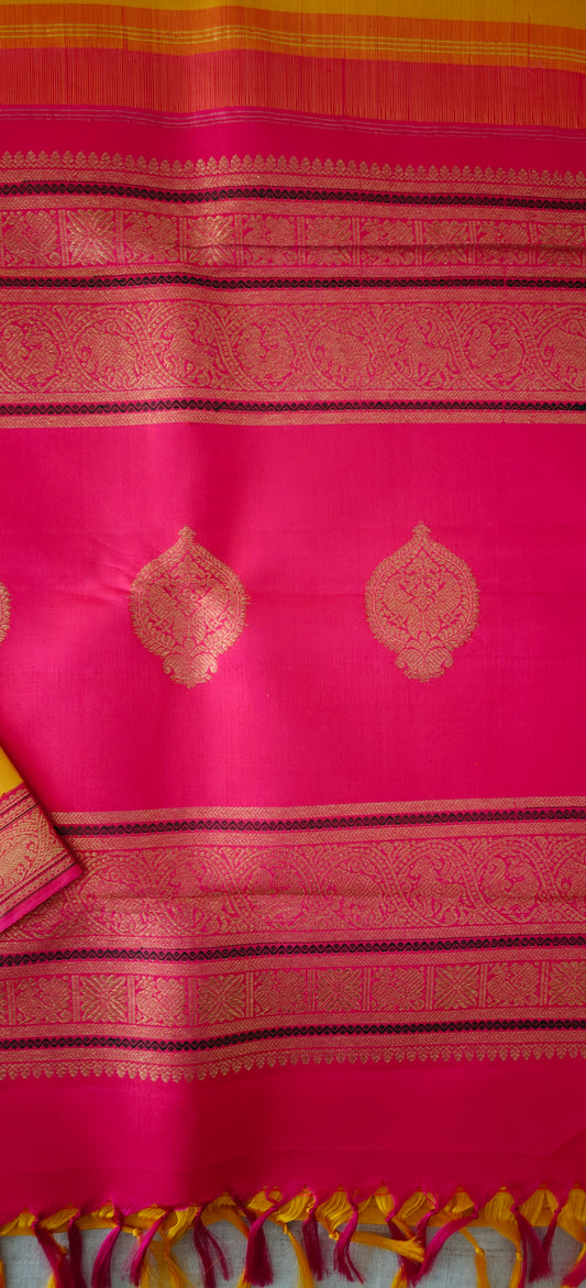Yellow and Pink Small Border Kanjivaram silk saree