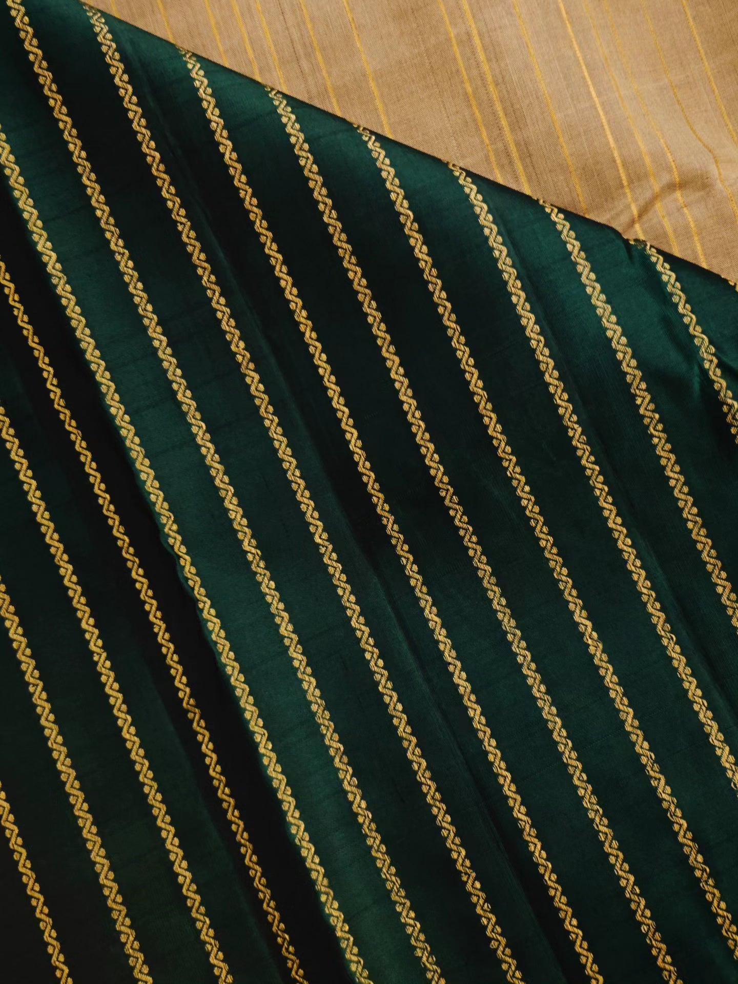 Thread work Kanjivaram silk saree with beige body and green pallu
