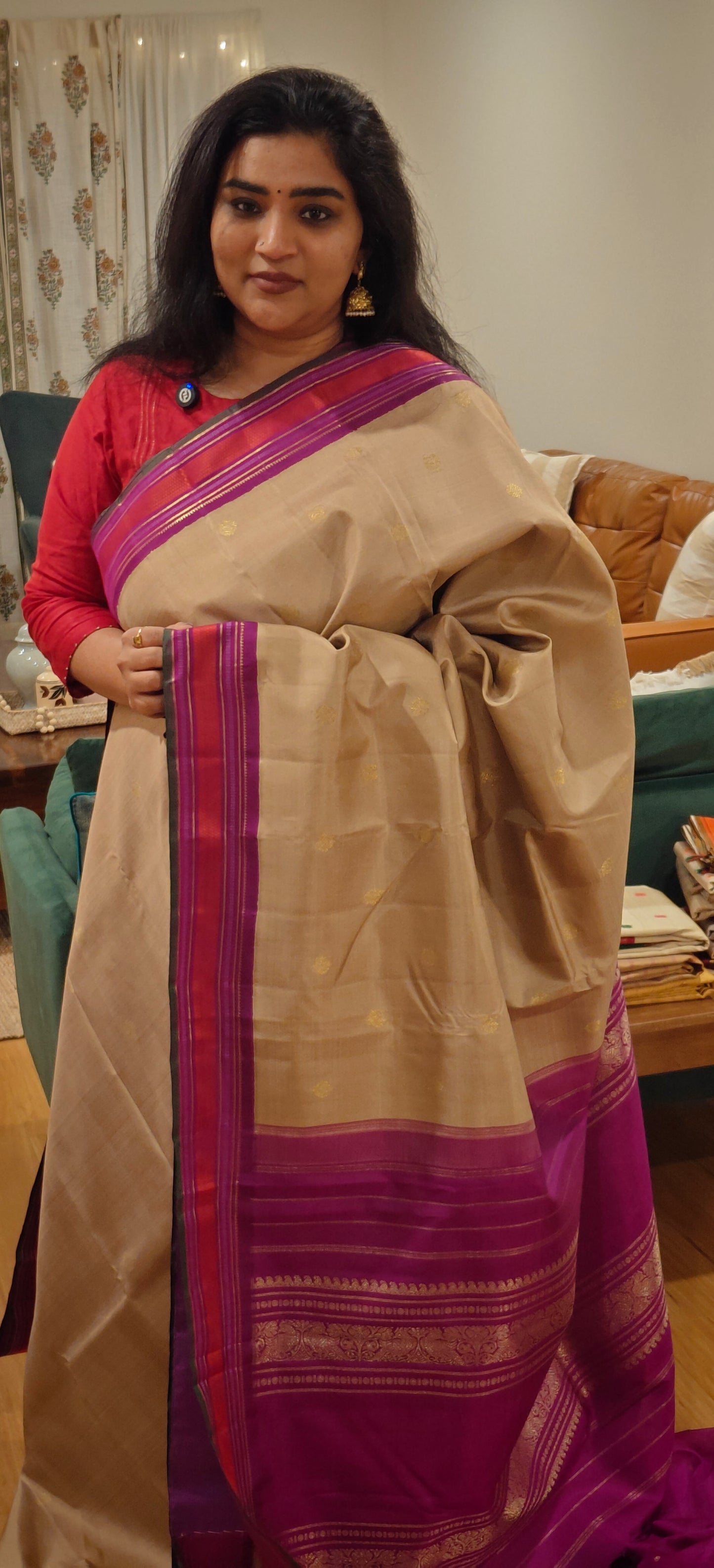 Sandal and Violet Handwoven Kanjivaram