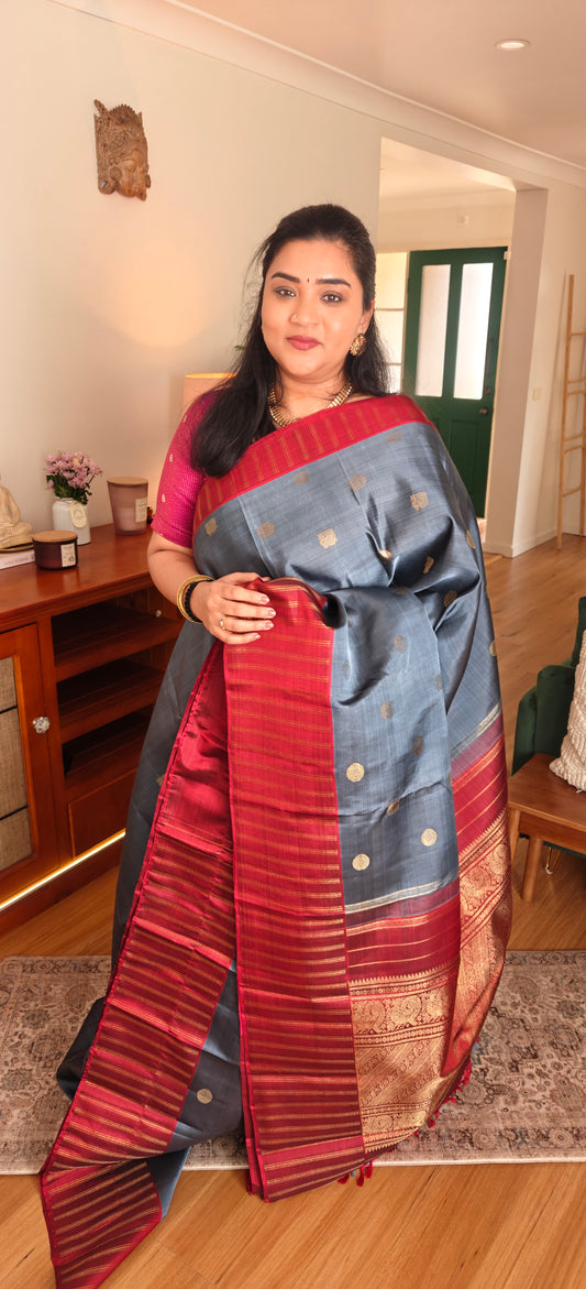 Grey and Maroon Kanjivaram silk saree
