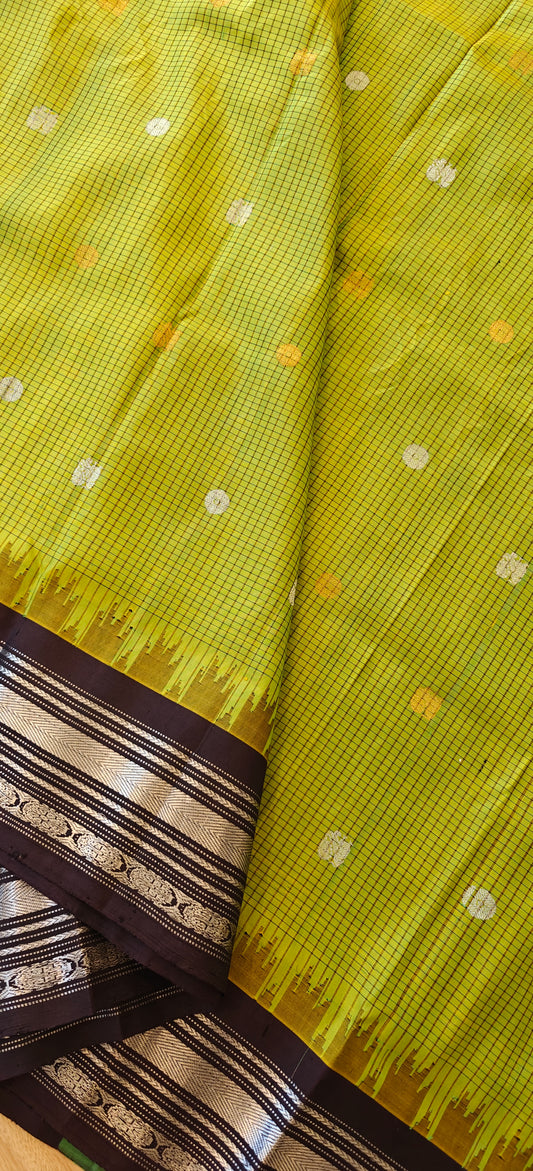 Parrot Green and Coffee Brown-Handwoven Gadwal Silk Sari