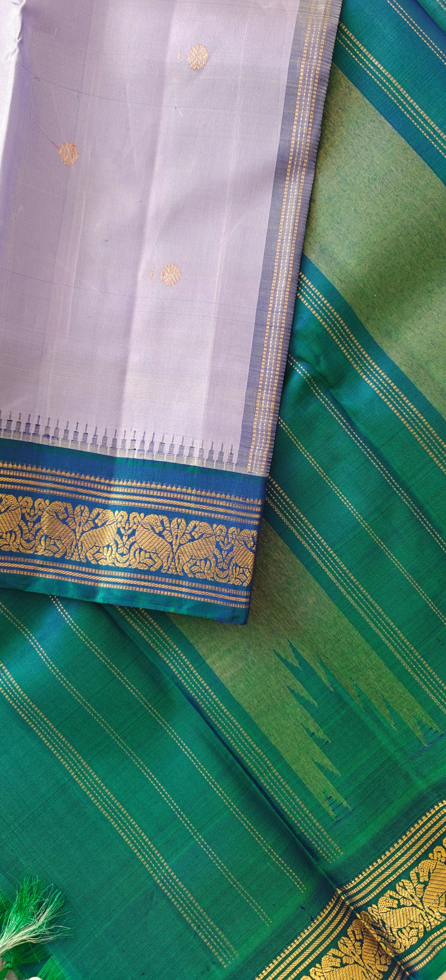 Lavender and peacock blue kanjivaram silk saree