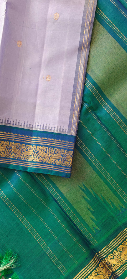 Lavender and peacock blue kanjivaram silk saree