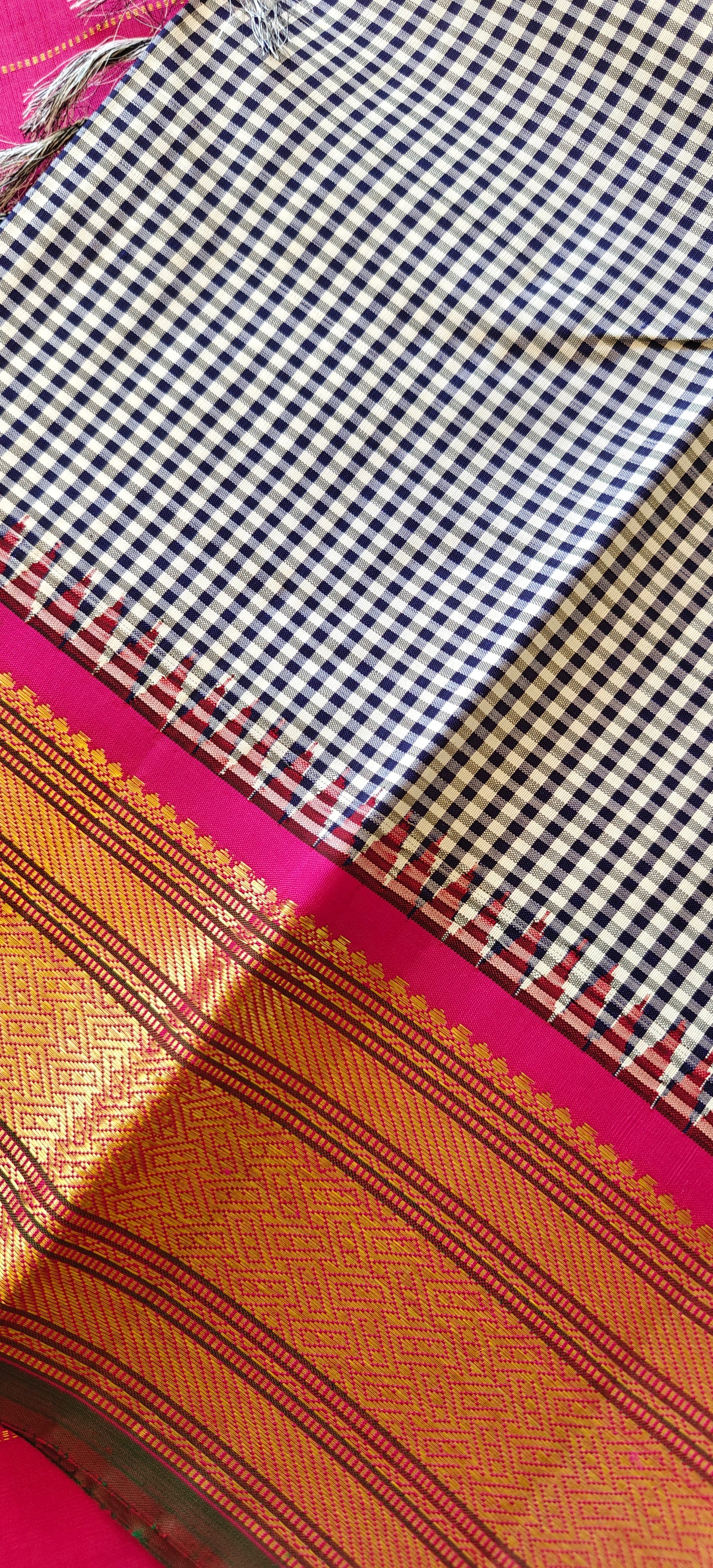 Dark blue and white micro check  with pink-Kanjivaram Silk Saree