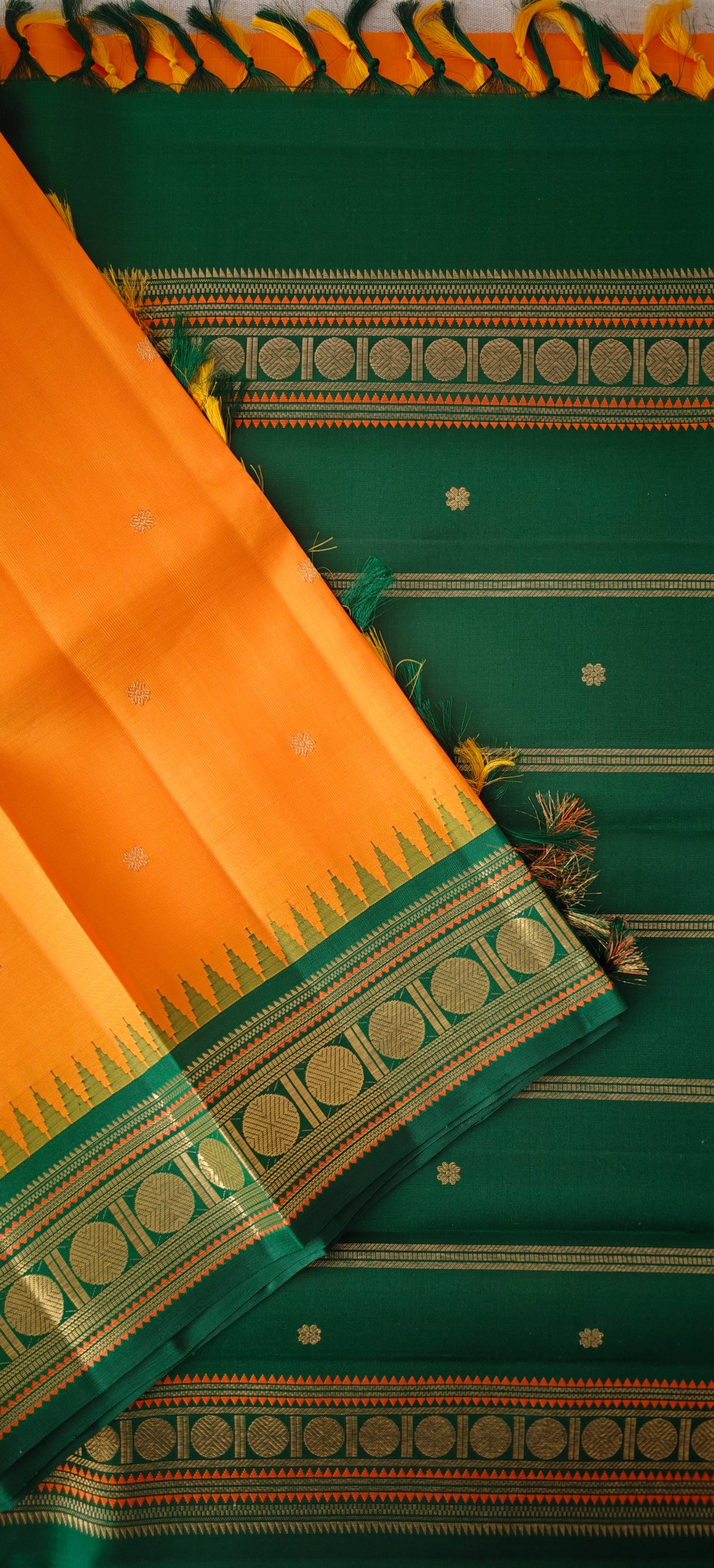 Mango Yellow and Green Kanjivaram Saree | 3-gram Zari