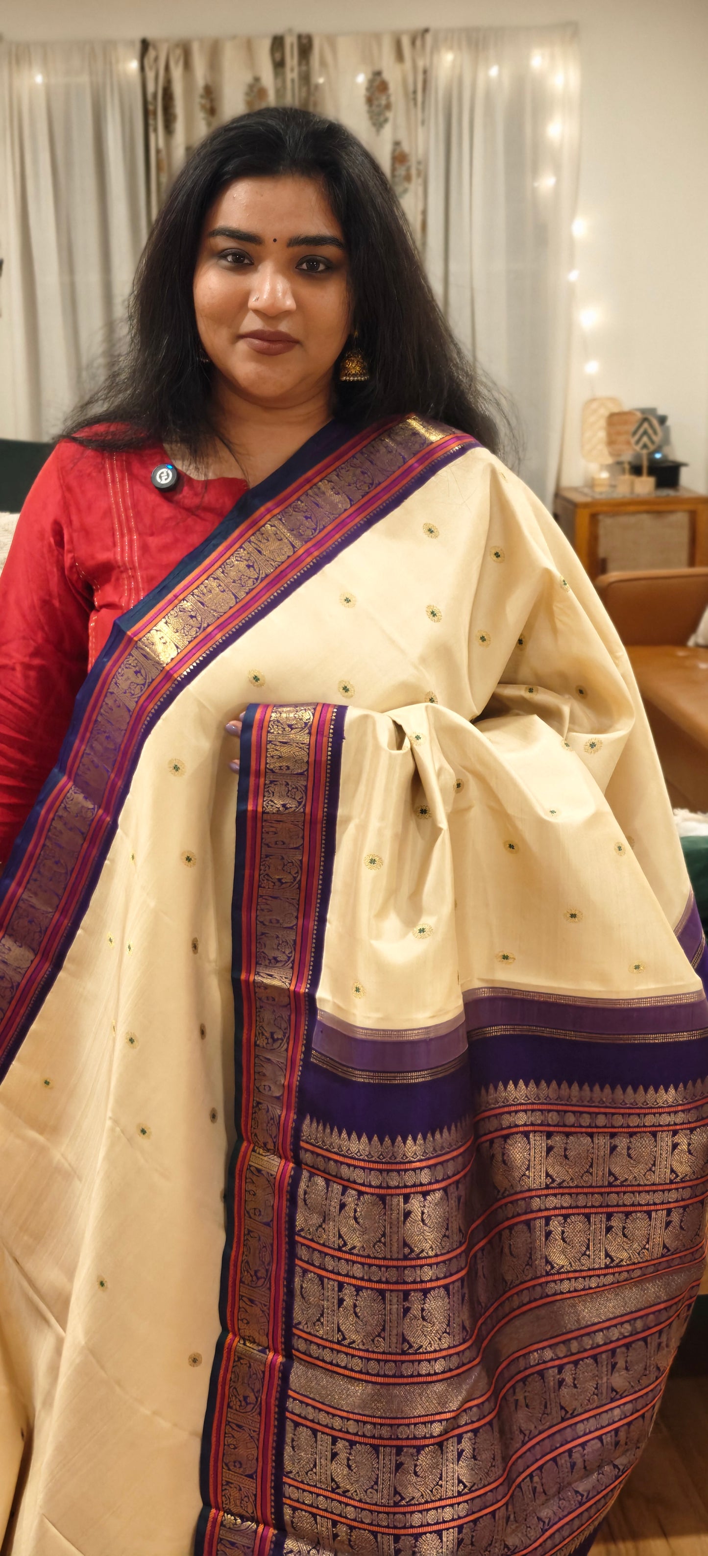 Cream and Violet kanjivaram silk saree
