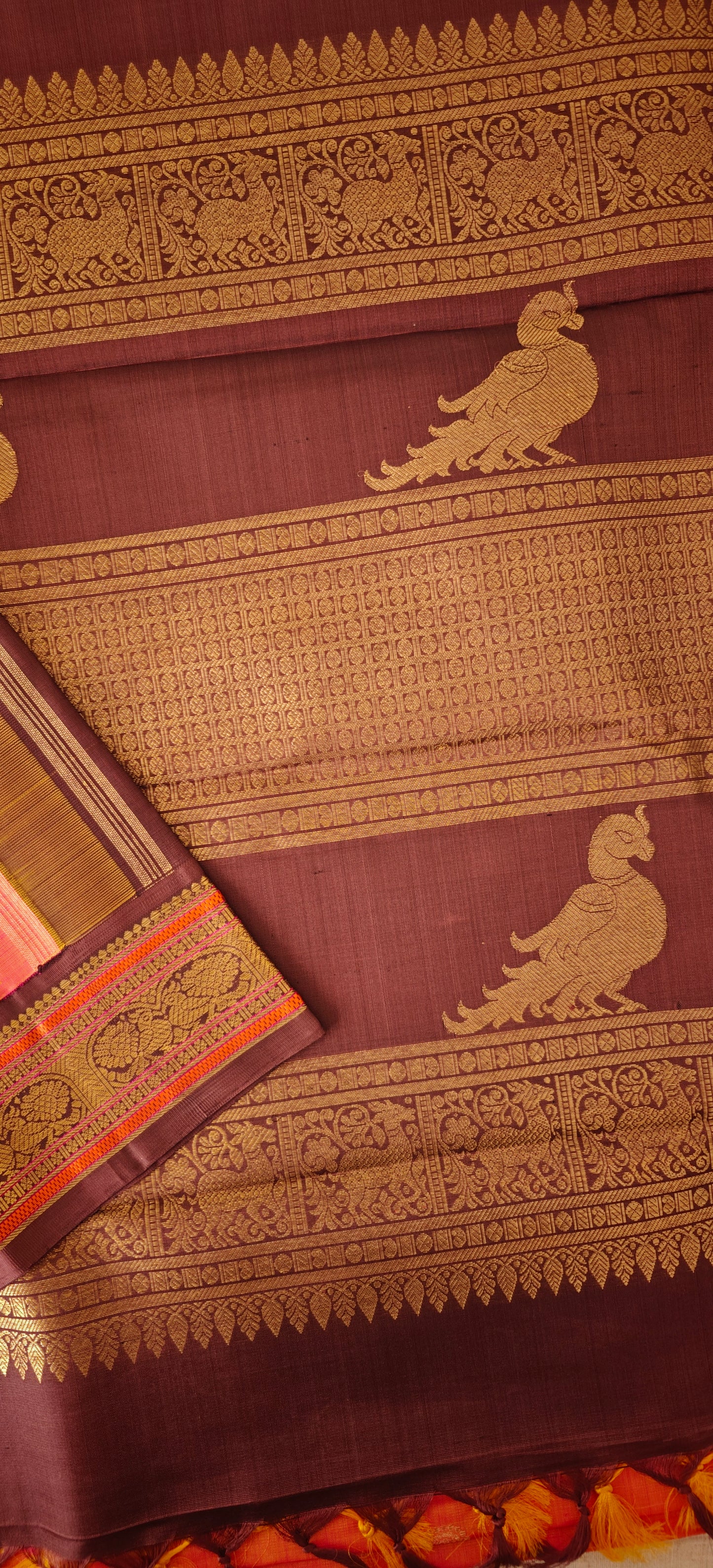 Peach and Pink With Brown Kanjivaram Saree | 3-gram Zari