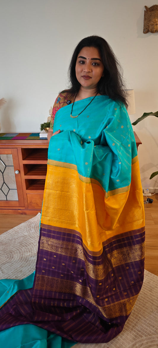 Turquoise blue double pallu kanjivaram silk sari