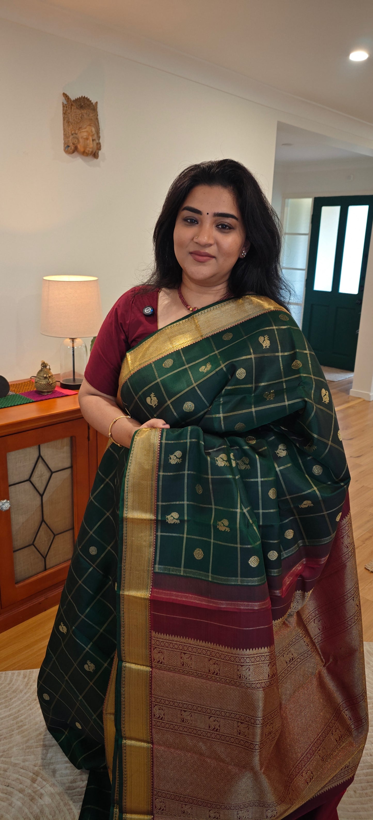 Bottle green and maroon kanjivaram silk saree