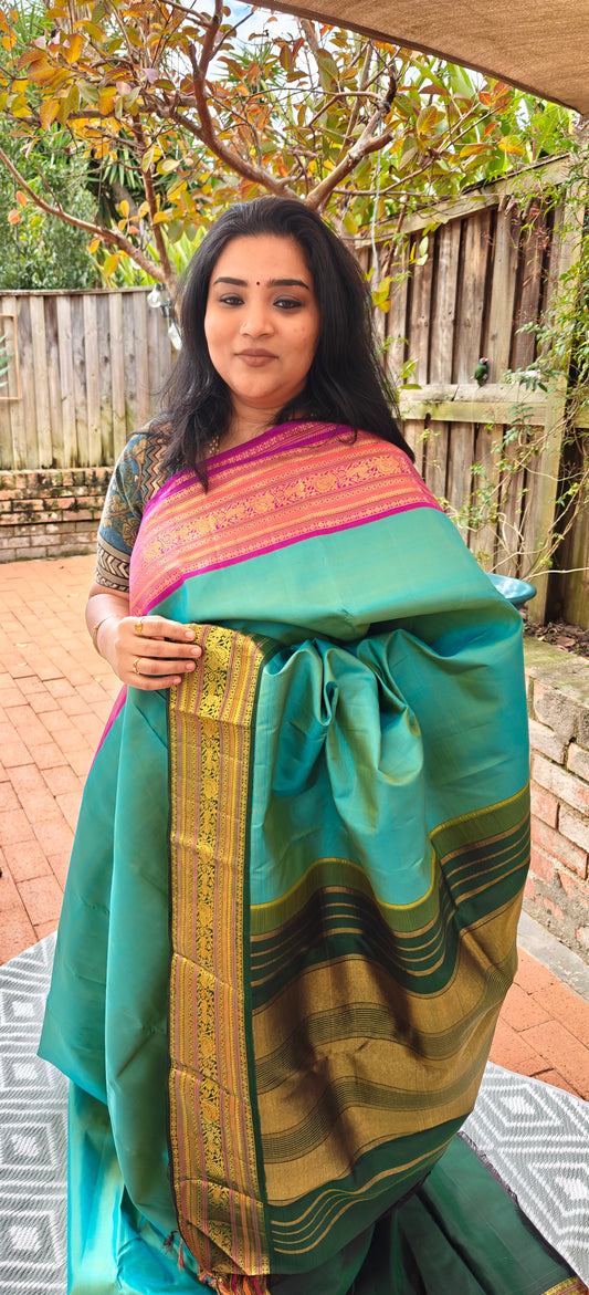 Ice Blue Ganga Jamuna korvai -Kanjivaram Silk Saree